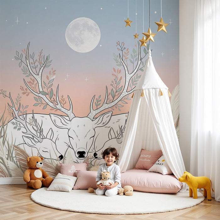 Lastenhuoneen tapetti | Rauhalliset peurat kuun alla kukkaniityllä