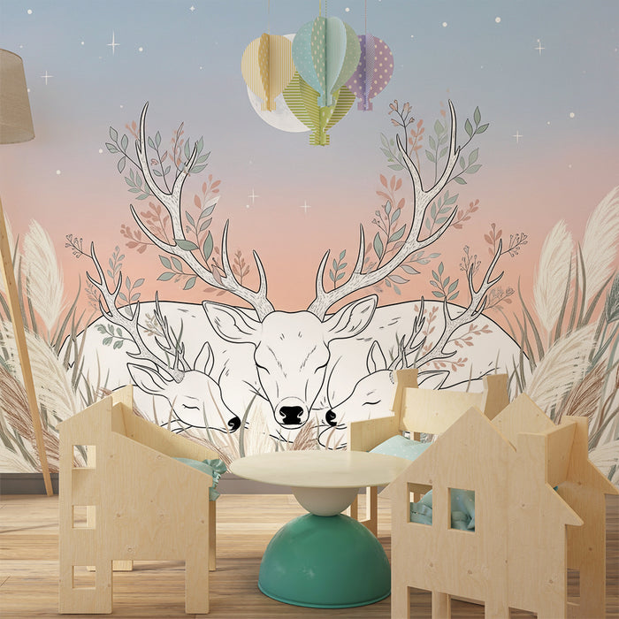 Lastenhuoneen tapetti | Rauhalliset peurat kuun alla kukkaniityllä