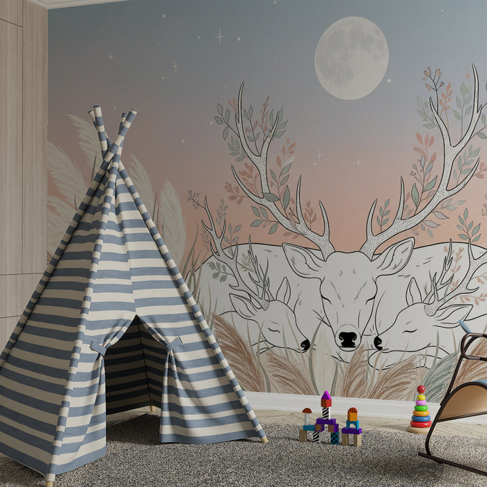 Lastenhuoneen tapetti | Rauhalliset peurat kuun alla kukkaniityllä