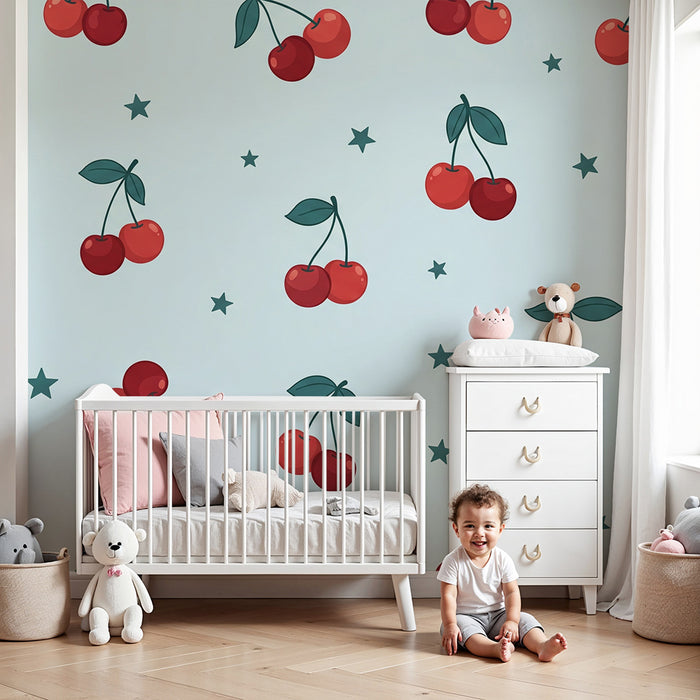 Babyzimmer Tapete | Bunte Kirschen und Sterne auf hellem blauen Hintergrund