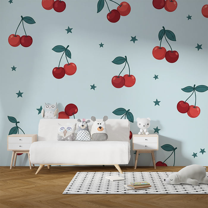 Babyzimmer Tapete | Bunte Kirschen und Sterne auf hellem blauen Hintergrund
