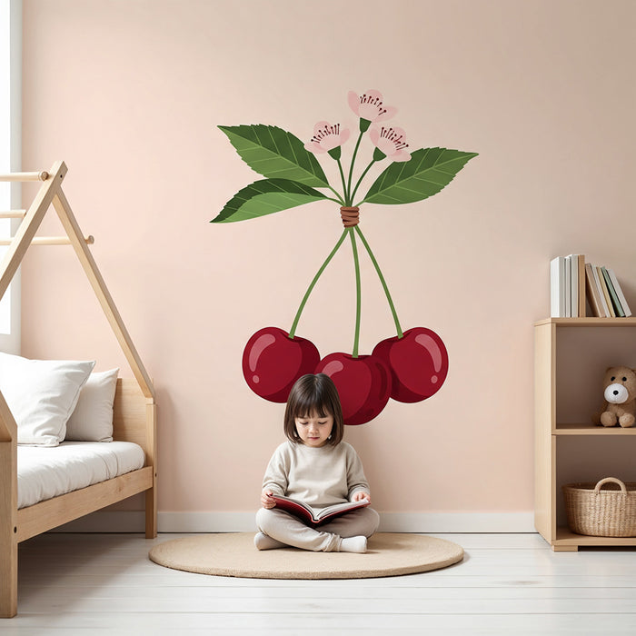 Nursery room wallpaper | Delicate cherries and flowers on a soft background