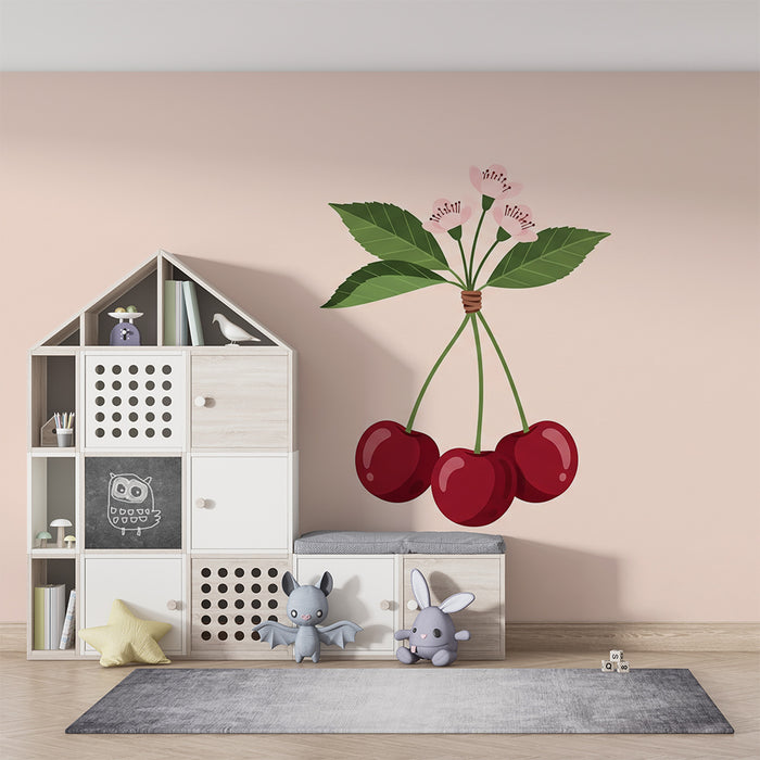 Nursery room wallpaper | Delicate cherries and flowers on a soft background