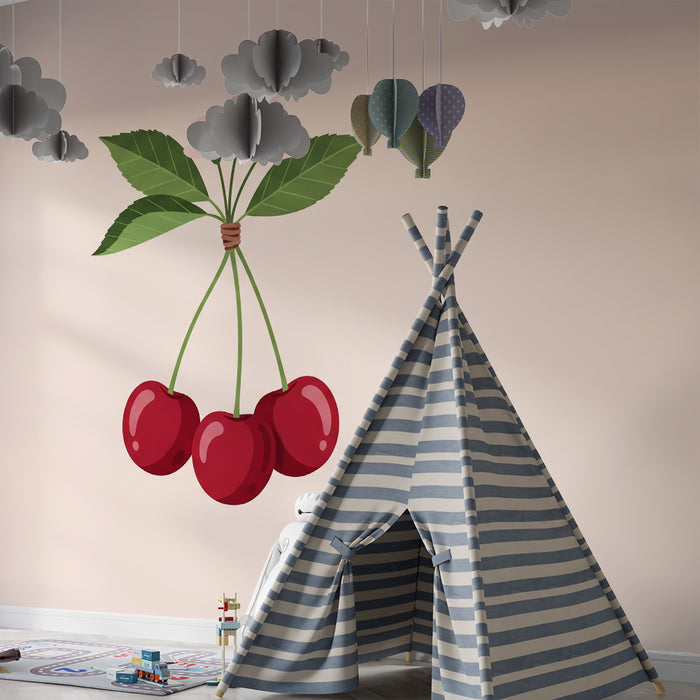 Nursery room wallpaper | Delicate cherries and flowers on a soft background