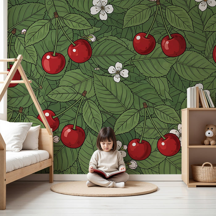 Babykamerbehang | Rode kersen en witte bloemen op een groene achtergrond
