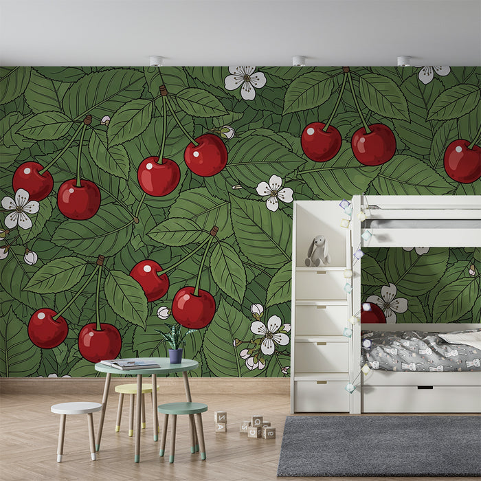 Babykamerbehang | Rode kersen en witte bloemen op een groene achtergrond