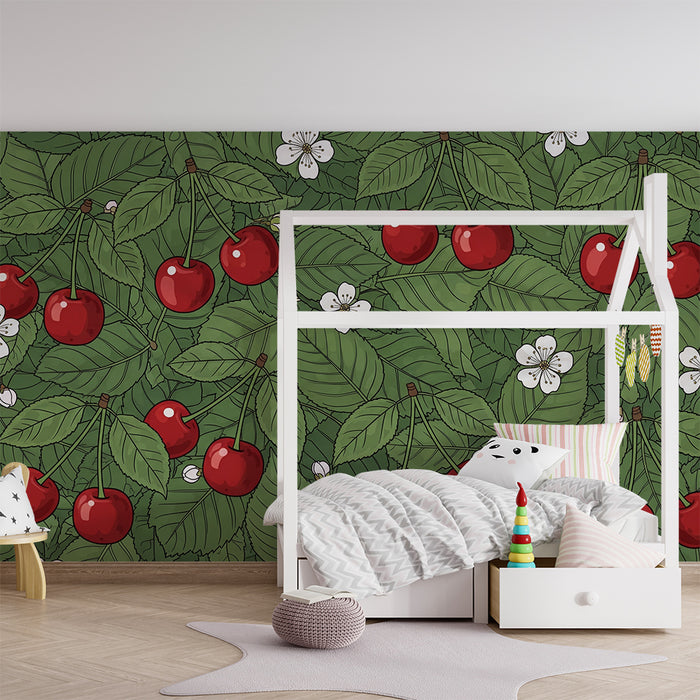 Babykamerbehang | Rode kersen en witte bloemen op een groene achtergrond