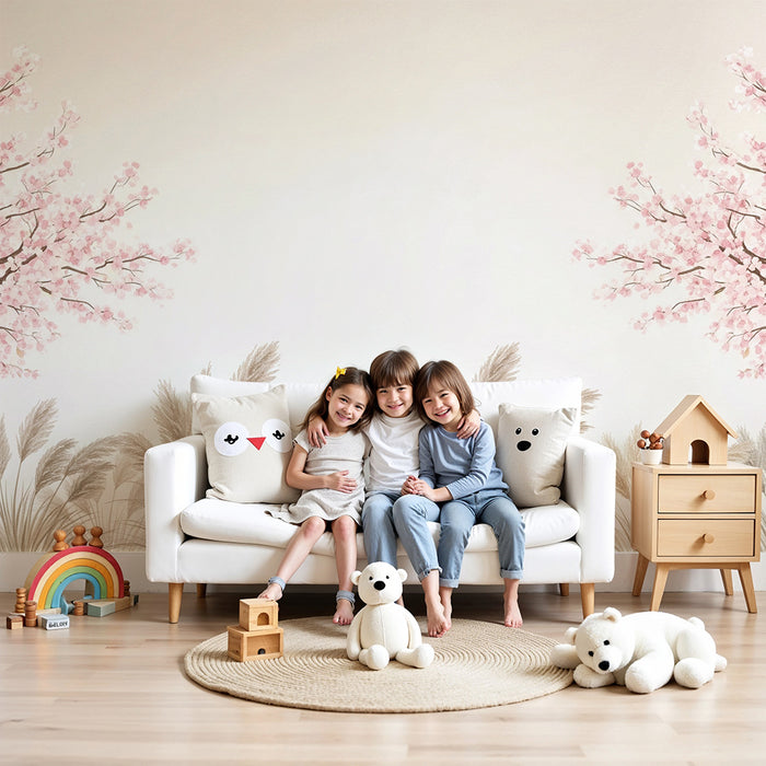 Babykamer behang | Bloeiende kersenbomen en zachte kruiden voor een rustgevende sfeer