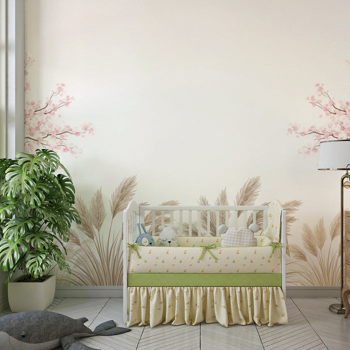 Babykamer behang | Bloeiende kersenbomen en zachte kruiden voor een rustgevende sfeer