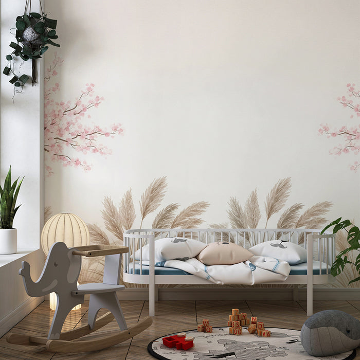 Babykamer behang | Bloeiende kersenbomen en zachte kruiden voor een rustgevende sfeer