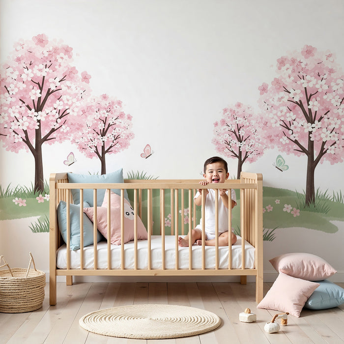 Papel de parede quarto bebê | Cerejeiras em flor e borboletas