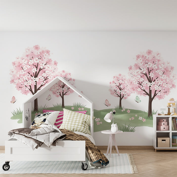 Papel de parede quarto bebê | Cerejeiras em flor e borboletas