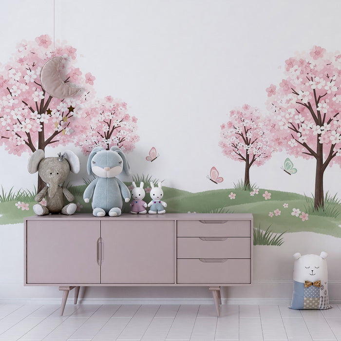 Papel de parede quarto bebê | Cerejeiras em flor e borboletas