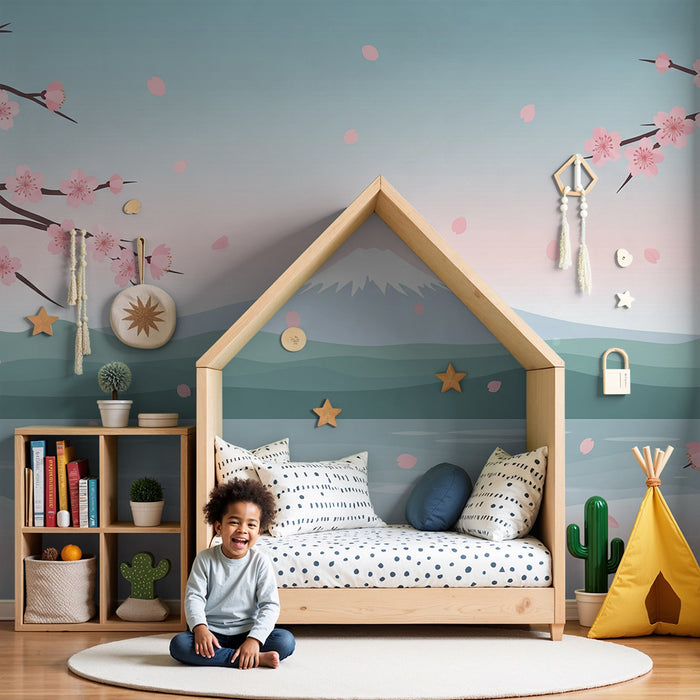 Lastenhuoneen tapetti | Kukkivia kirsikkapuita ja rauhoittava maisema Fujin vuoren kanssa