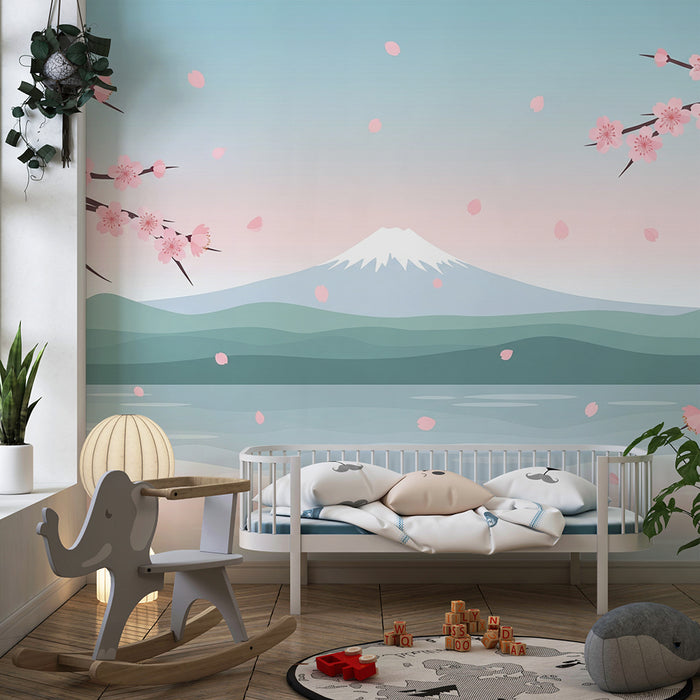 Lastenhuoneen tapetti | Kukkivia kirsikkapuita ja rauhoittava maisema Fujin vuoren kanssa