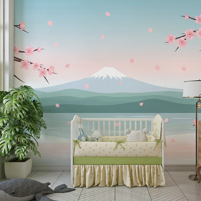 Lastenhuoneen tapetti | Kukkivia kirsikkapuita ja rauhoittava maisema Fujin vuoren kanssa