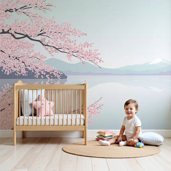 Lastenhuoneen tapetti | Kukkivat kirsikkapuut ja rauhallinen vuoristomaisema