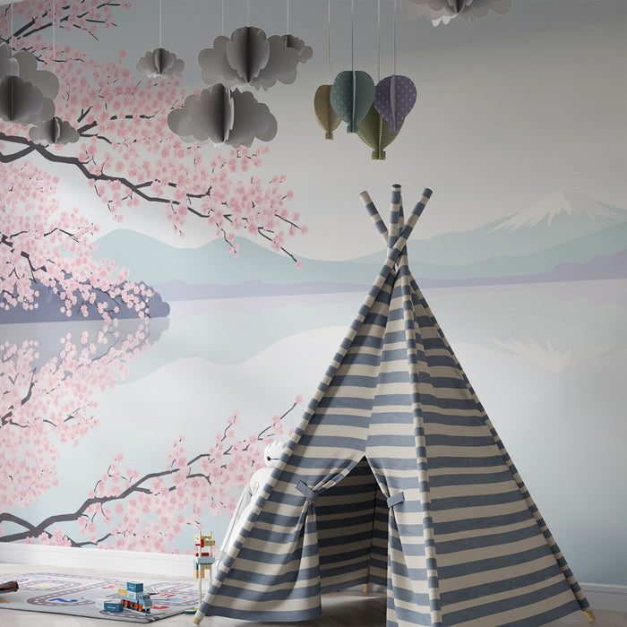 Lastenhuoneen tapetti | Kukkivat kirsikkapuut ja rauhallinen vuoristomaisema