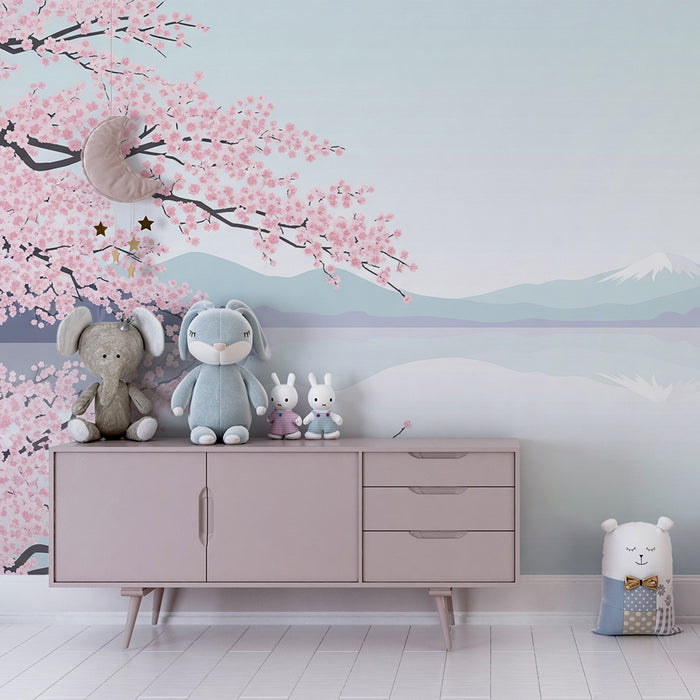 Lastenhuoneen tapetti | Kukkivat kirsikkapuut ja rauhallinen vuoristomaisema
