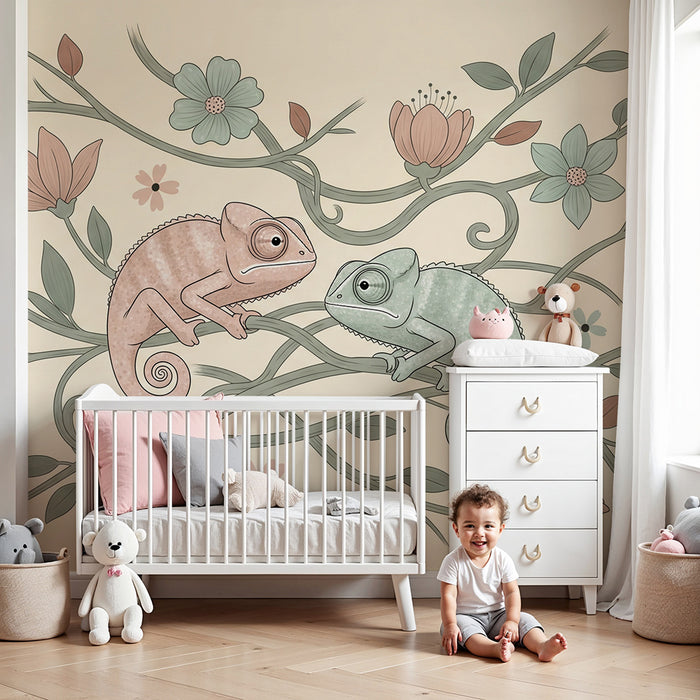 Papier peint chambre bébé | Caméléons colorés sur des branches fleuries