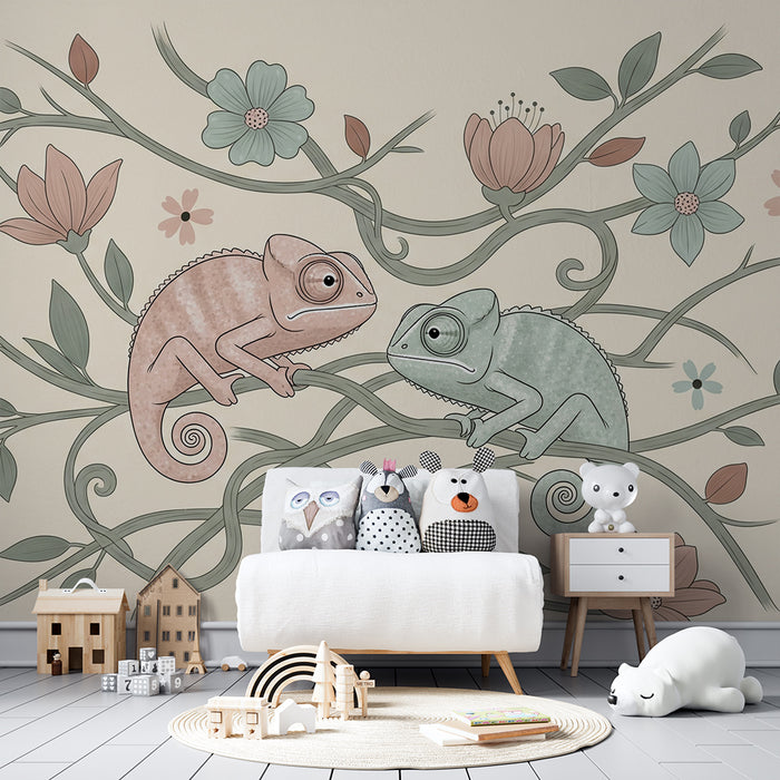 Papier peint chambre bébé | Caméléons colorés sur des branches fleuries