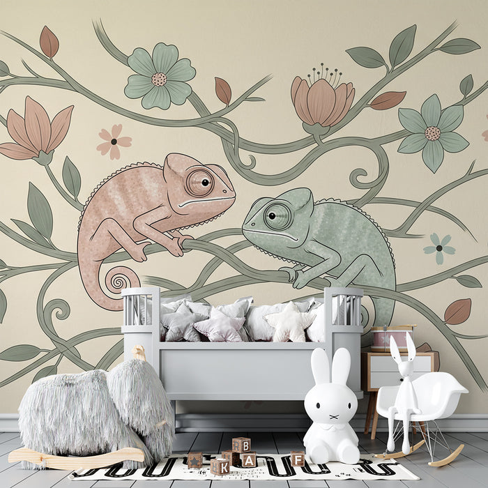 Papier peint chambre bébé | Caméléons colorés sur des branches fleuries