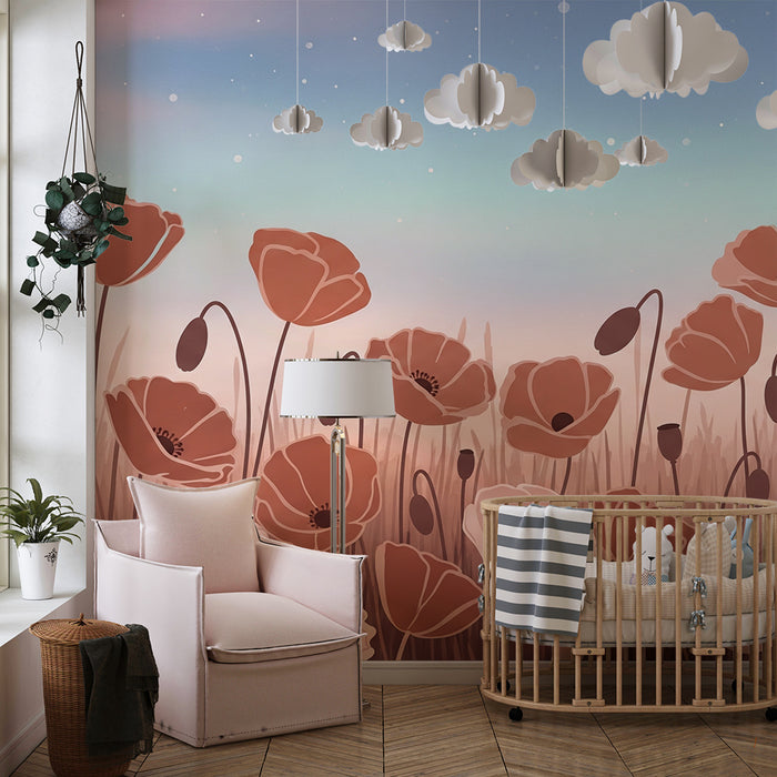 Tapet barnerom | Søt og drømmende valmuefelt