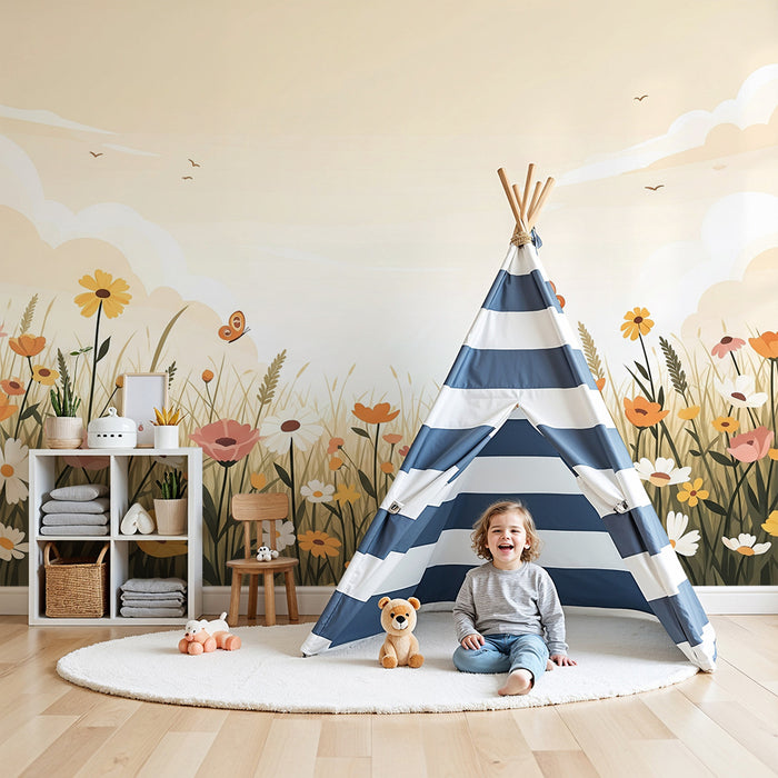Babykamer behang | Veld van kleurrijke bloemen met vlinders en zachte lucht