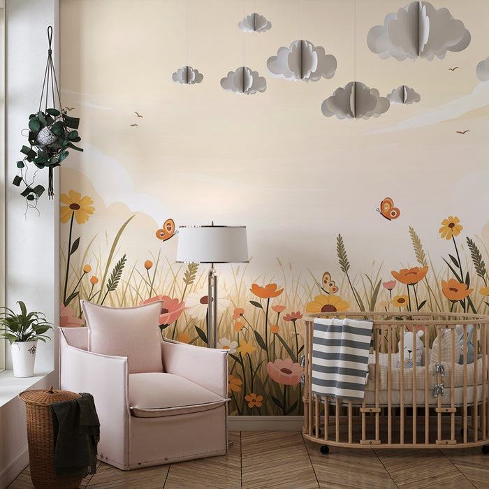 Babykamer behang | Veld van kleurrijke bloemen met vlinders en zachte lucht