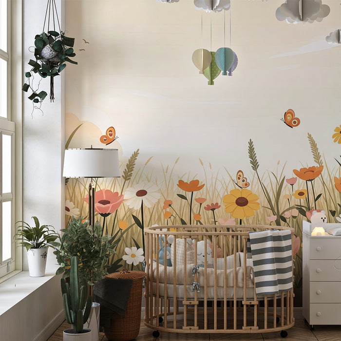 Babykamer behang | Veld van kleurrijke bloemen met vlinders en zachte lucht