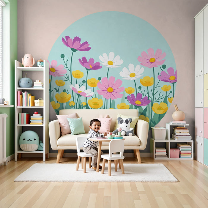 Børneværelse tapet | Farverige blomstermark med en blød baggrund
