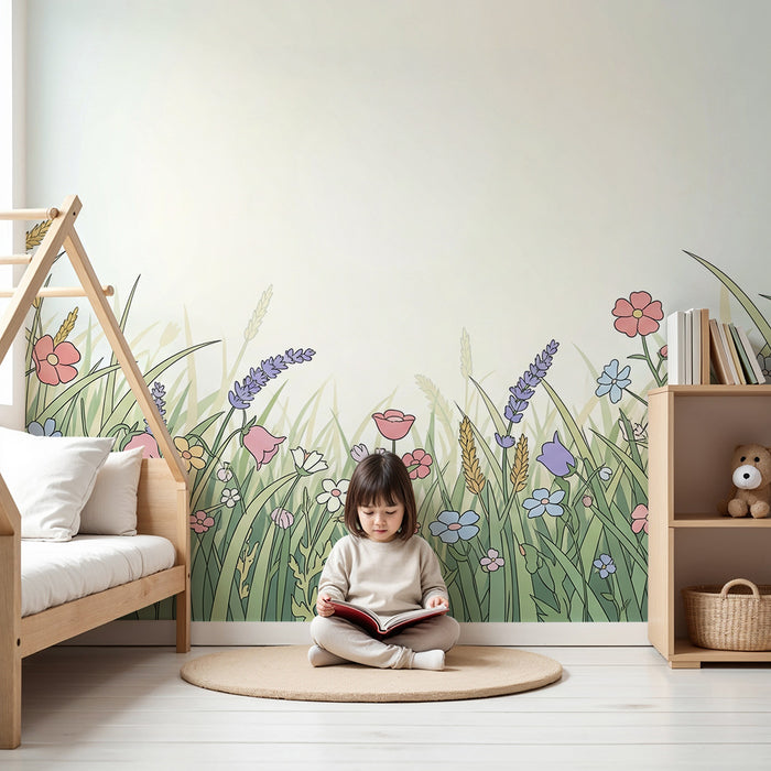 Børneværelse tapet | Farverige blomstermark og bløde urter