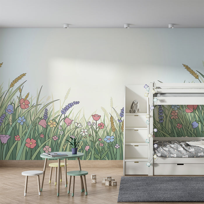 Børneværelse tapet | Farverige blomstermark og bløde urter