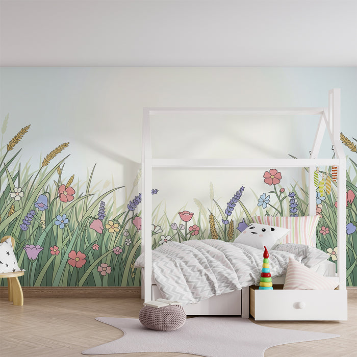 Børneværelse tapet | Farverige blomstermark og bløde urter