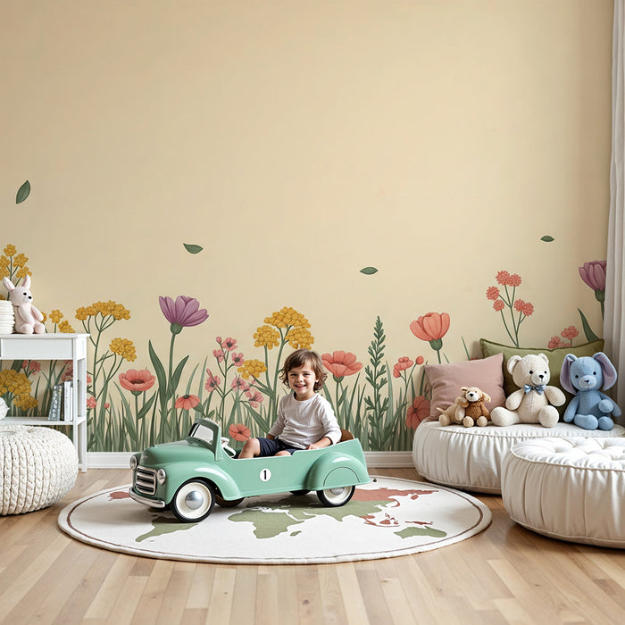 Papier peint chambre bébé | Champ de fleurs colorées sur fond doux