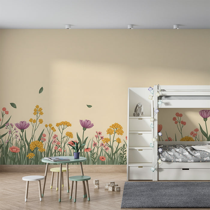 Papier peint chambre bébé | Champ de fleurs colorées sur fond doux