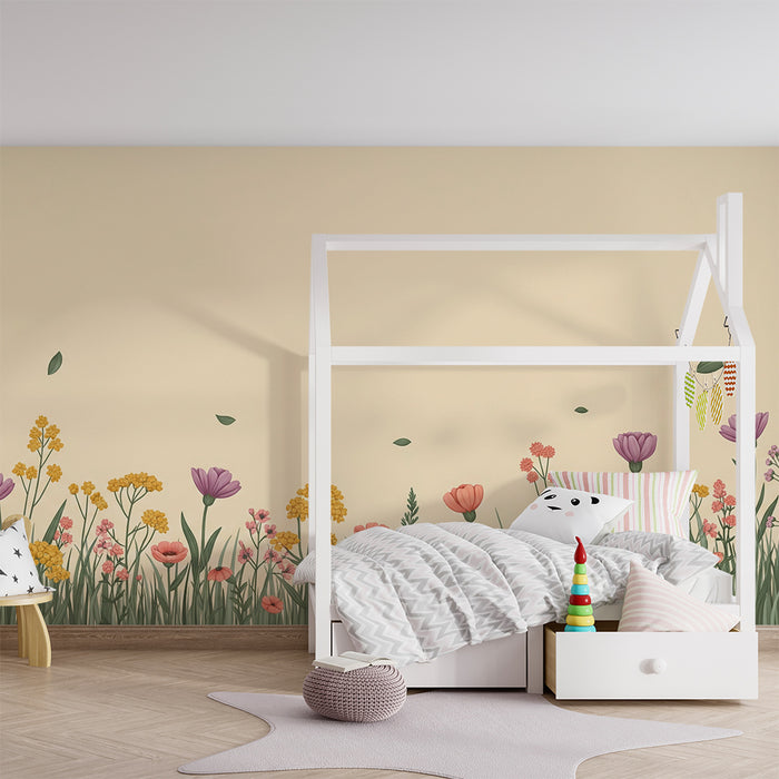 Papier peint chambre bébé | Champ de fleurs colorées sur fond doux