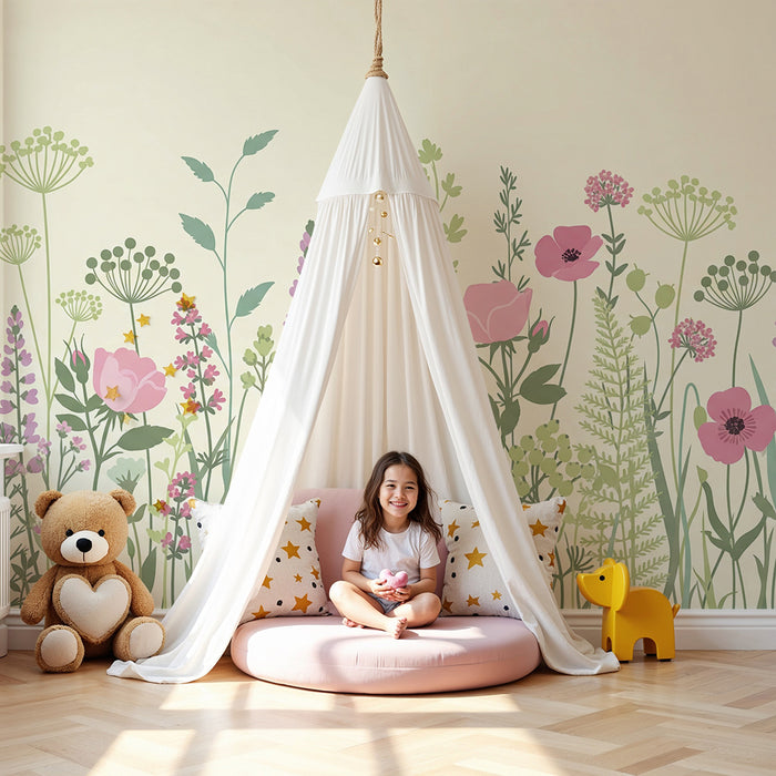 Papel pintado infantil | Campo de delicadas flores en tonos pastel