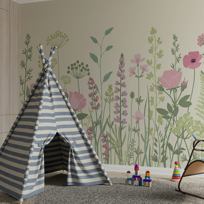 Papel pintado infantil | Campo de delicadas flores en tonos pastel