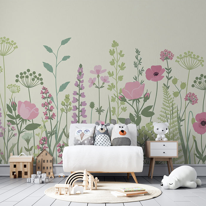 Papel pintado infantil | Campo de delicadas flores en tonos pastel