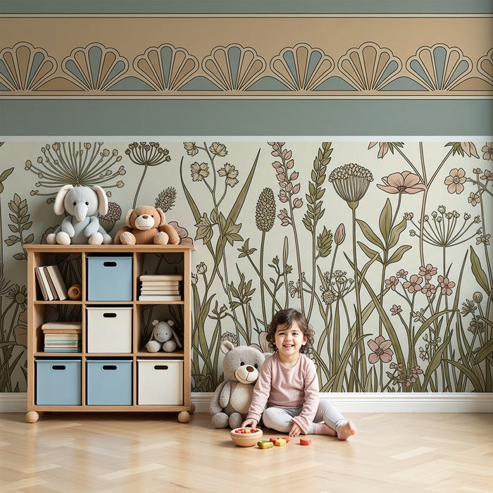 Babykamer behang | Zacht bloemenveld met elegante motieven