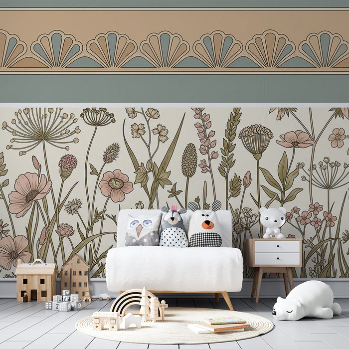 Babykamer behang | Zacht bloemenveld met elegante motieven