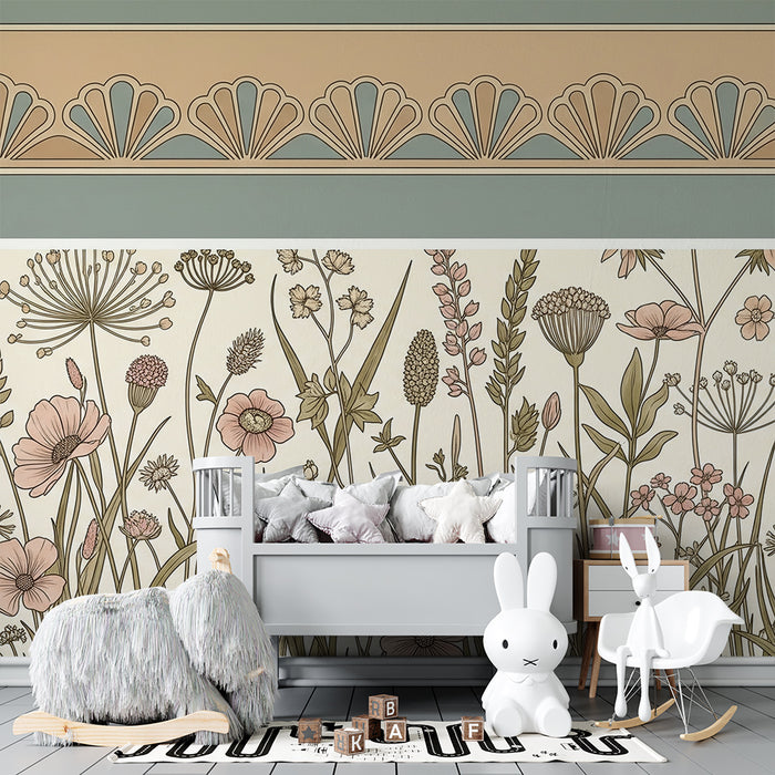 Babykamer behang | Zacht bloemenveld met elegante motieven