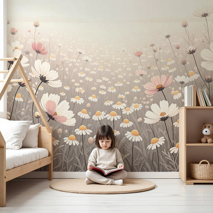 Papel de parede quarto bebê | Câmp de flori delicate în tonuri pastel