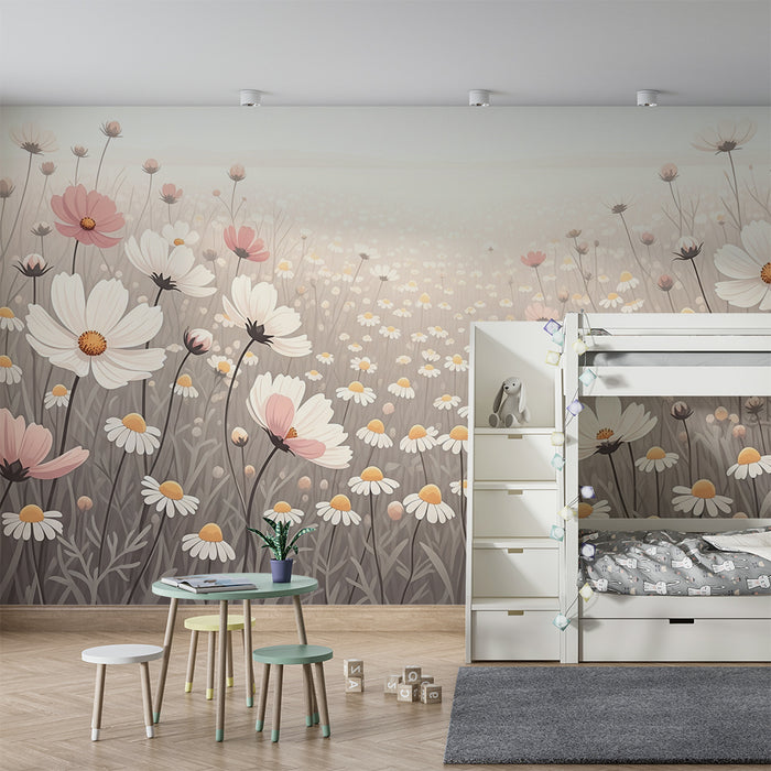 Papel de parede quarto bebê | Câmp de flori delicate în tonuri pastel