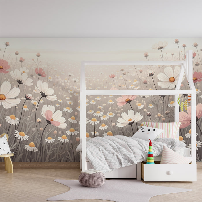 Papel de parede quarto bebê | Câmp de flori delicate în tonuri pastel