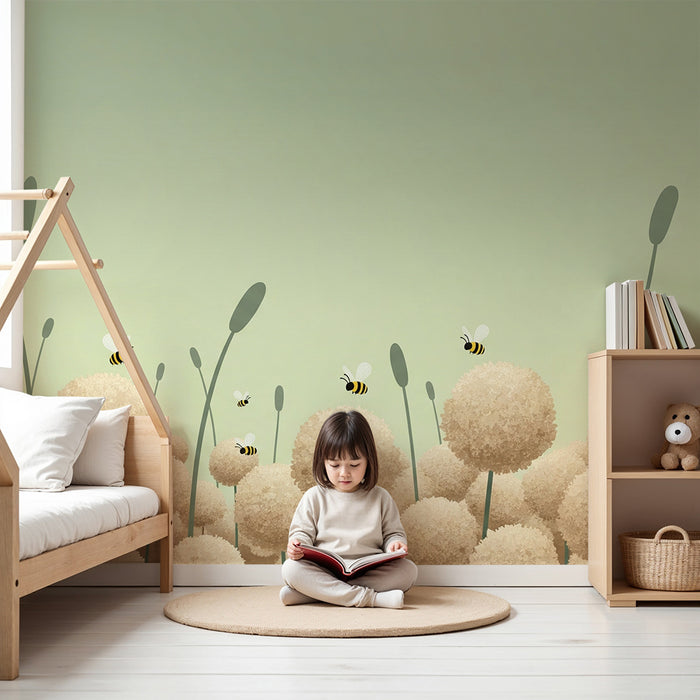 Carta da parati bambini | Campo di fiori dolci e api