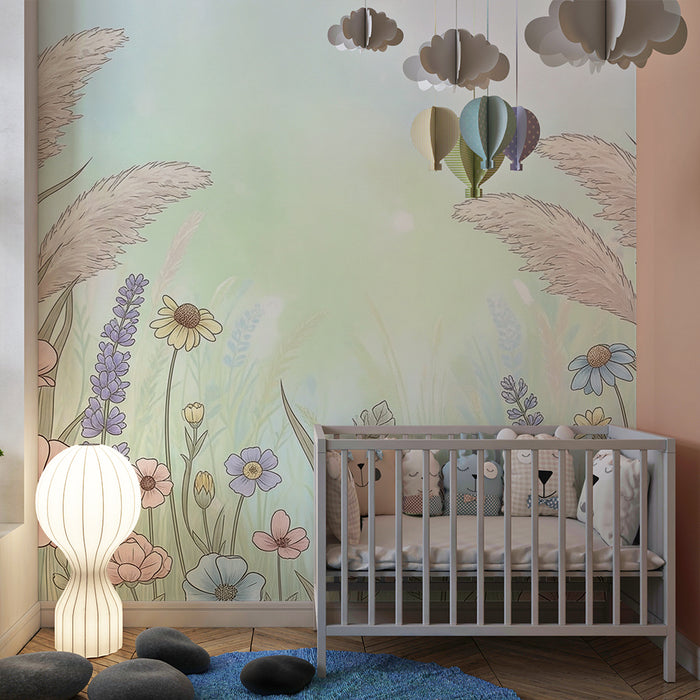 Babykamer behang | Zacht bloemenveld en delicate kruiden