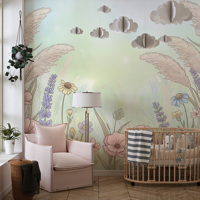 Babykamer behang | Zacht bloemenveld en delicate kruiden