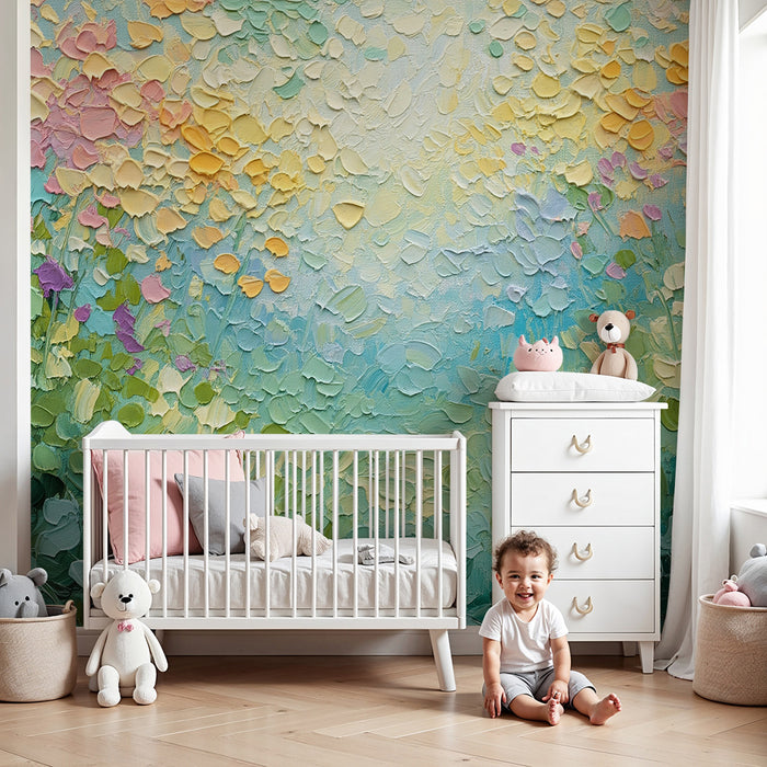 Børneværelse tapet | Pastelfarvet blomstermark med bløde nuancer